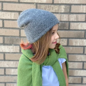 Slouchy knit hat for girls and women. Fluffy winter hat. Double knit hat for winter. Gray wool beanie. Angora knit hat women. Fuzzy hat girl image 4