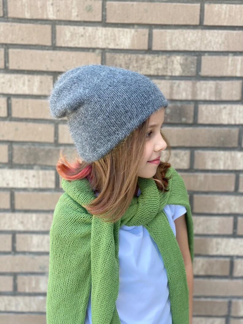 Slouchy knit hat for girls and women. Fluffy winter hat. Double knit hat for winter. Gray wool beanie. Angora knit hat women. Fuzzy hat girl image 4