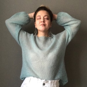 See through mohair sweater for women. Oversized sweater cable knit. Hand knit fluffy sweater for Her. Loose knit longsleeve top for Her. image 4