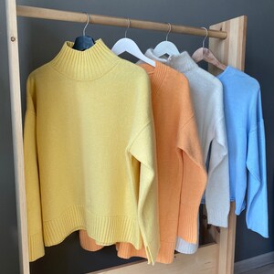 Yellow turtleneck sweater for women. Oversized nordic hygge sweater. Loose merino wool sweater. Fluffy hand knit sweater with high neck. image 6