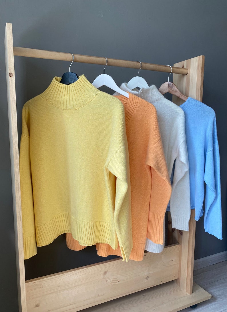 Yellow turtleneck sweater for women. Oversized nordic hygge sweater. Loose merino wool sweater. Fluffy hand knit sweater with high neck. image 6