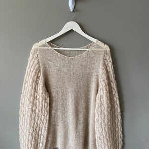 See through mohair sweater with loose sleeves for women. Hand knit mohair sweater. Lightweight baloon sleeves beige pullover sweater for Her image 6