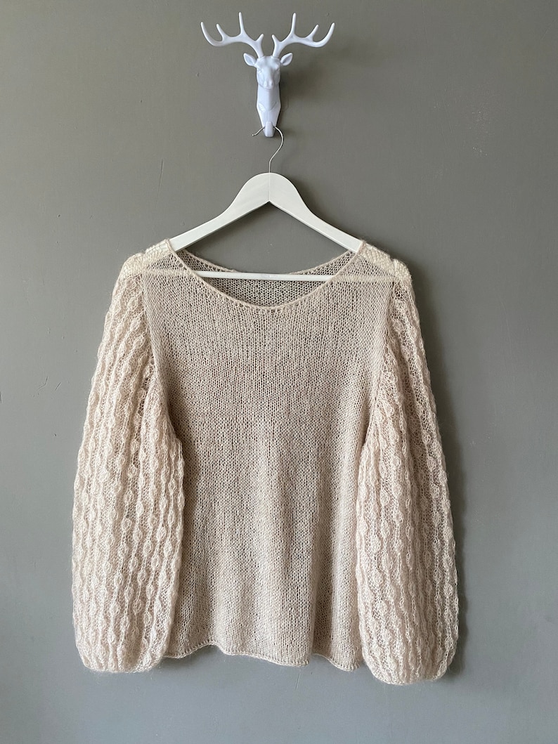 See through mohair sweater with loose baloon sleeves for women. Hand knit beige sweater for her. Floral print sleeve sweater. Custom knit. image 8