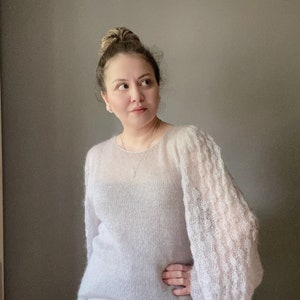 See through mohair sweater with loose baloon sleeves for women. Hand knit beige sweater for her. Floral print sleeve sweater. Custom knit. image 3