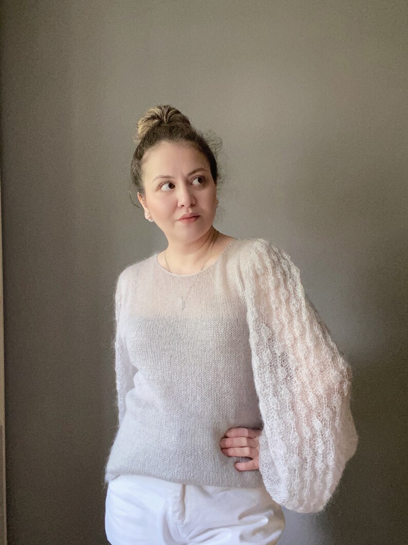 See through mohair sweater with loose baloon sleeves for women. Hand knit beige sweater for her. Floral print sleeve sweater. Custom knit. image 3