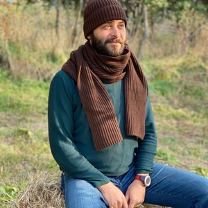 Wool scarf and hat matching set for Him. Slouchy beanie and ribbed scarf in Brown color. Hand knit hat for men. Oversized scarf for men. image 2