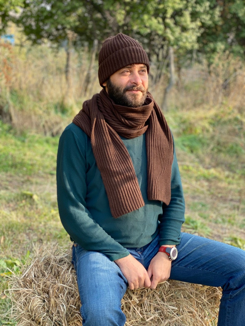 Wool scarf and hat matching set for Him. Slouchy beanie and ribbed scarf in Brown color. Hand knit hat for men. Oversized scarf for men. image 2