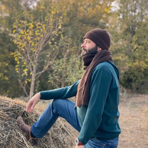 Wool scarf and hat matching set for Him. Slouchy beanie and ribbed scarf in Brown color. Hand knit hat for men. Oversized scarf for men. image 4