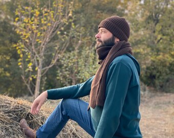Wool Scarf and Hat Matching Set for Men. Slouchy Beanie and