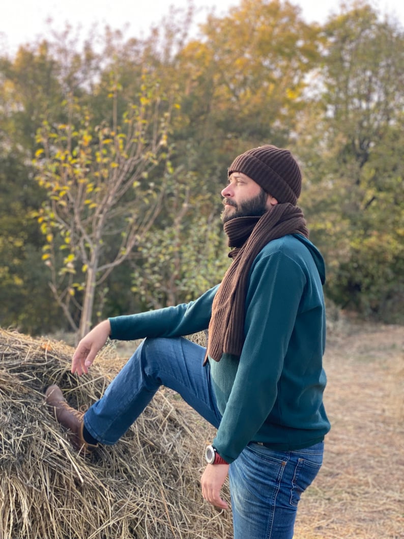 Wool scarf and hat matching set for Him. Slouchy beanie and ribbed scarf in Brown color. Hand knit hat for men. Oversized scarf for men. image 4