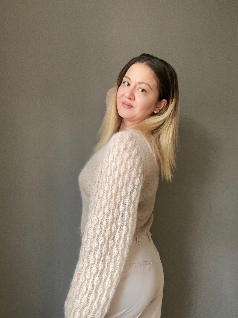 See through mohair sweater with loose sleeves for women. Hand knit mohair sweater. Lightweight baloon sleeves beige pullover sweater for Her image 4