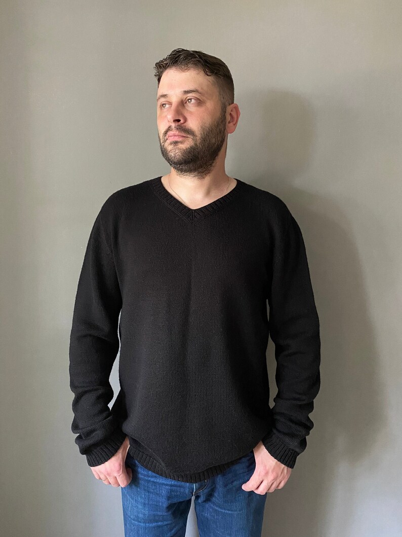 Black knit sweater for men. Casual dark sweater for Him. Merino wool oversized pullover. Father's Day gift. Soft knit sweater for a man. image 2