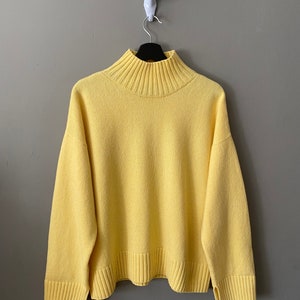 Yellow turtleneck sweater for women. Oversized nordic hygge sweater. Loose merino wool sweater. Fluffy hand knit sweater with high neck. image 4