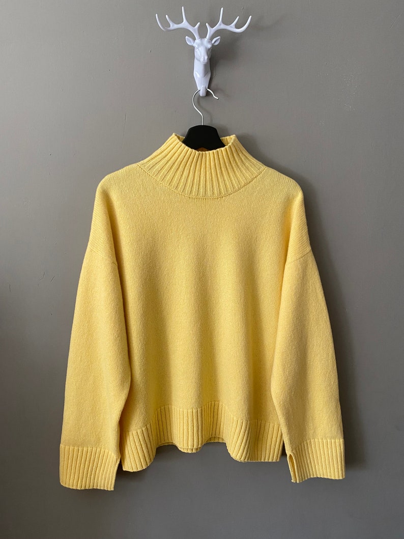 Yellow turtleneck sweater for women. Oversized nordic hygge sweater. Loose merino wool sweater. Fluffy hand knit sweater with high neck. image 4