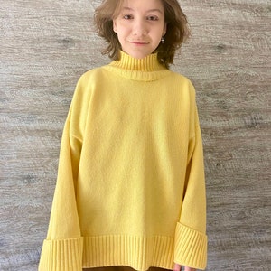 Yellow turtleneck sweater for women. Oversized nordic hygge sweater. Loose merino wool sweater. Fluffy hand knit sweater with high neck. image 7