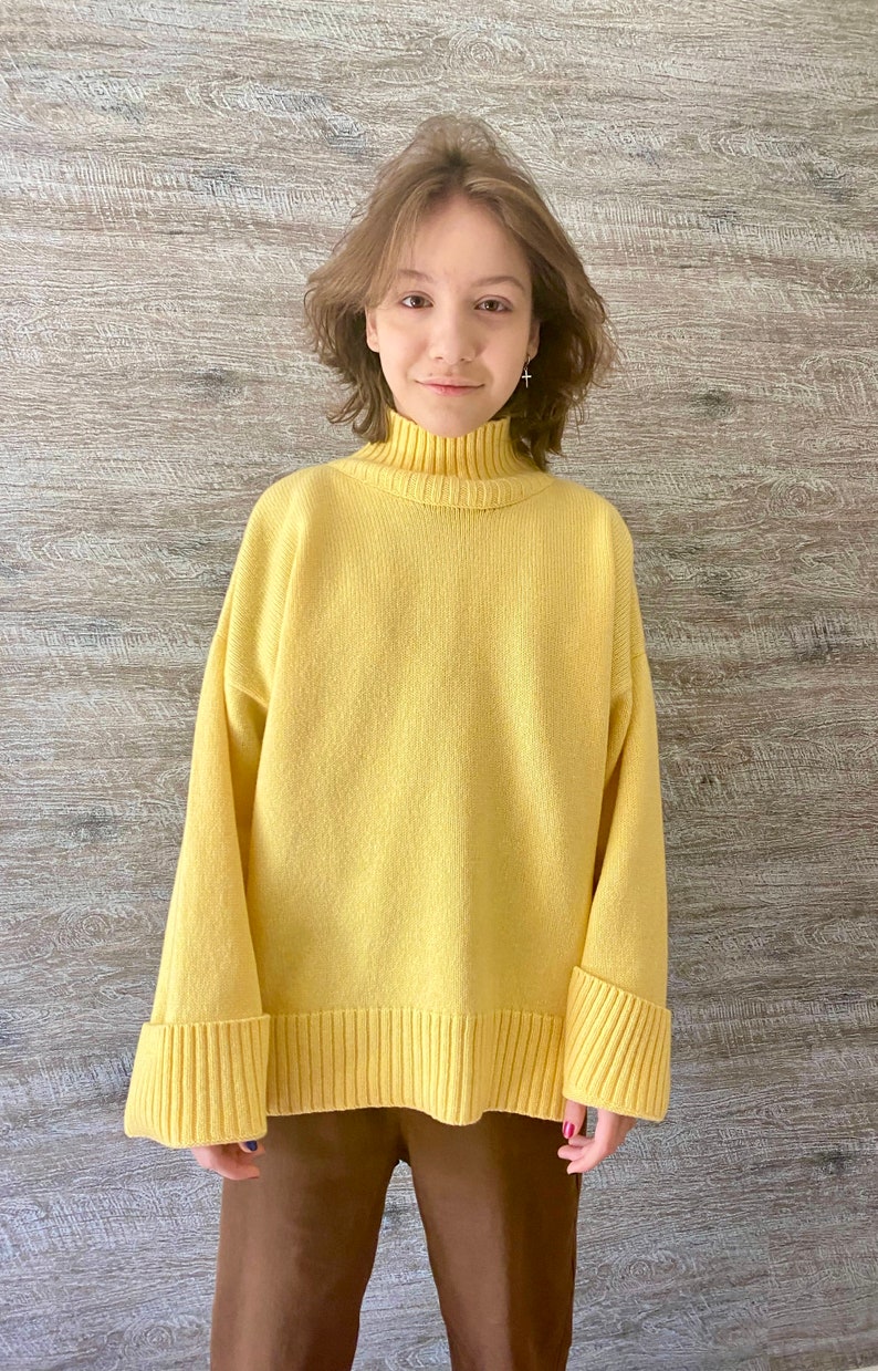 Yellow turtleneck sweater for women. Oversized nordic hygge sweater. Loose merino wool sweater. Fluffy hand knit sweater with high neck. image 7