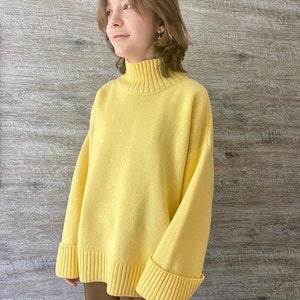 Yellow turtleneck sweater for women. Oversized nordic hygge sweater. Loose merino wool sweater. Fluffy hand knit sweater with high neck. image 8