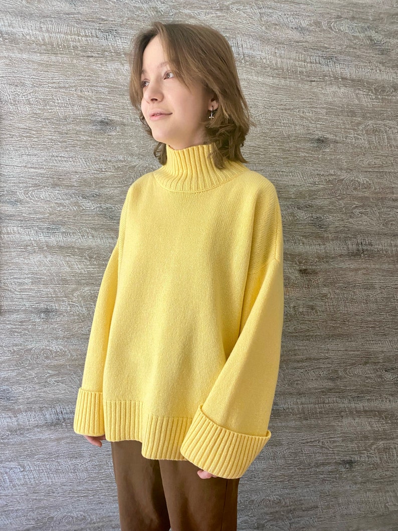 Yellow turtleneck sweater for women. Oversized nordic hygge sweater. Loose merino wool sweater. Fluffy hand knit sweater with high neck. image 8