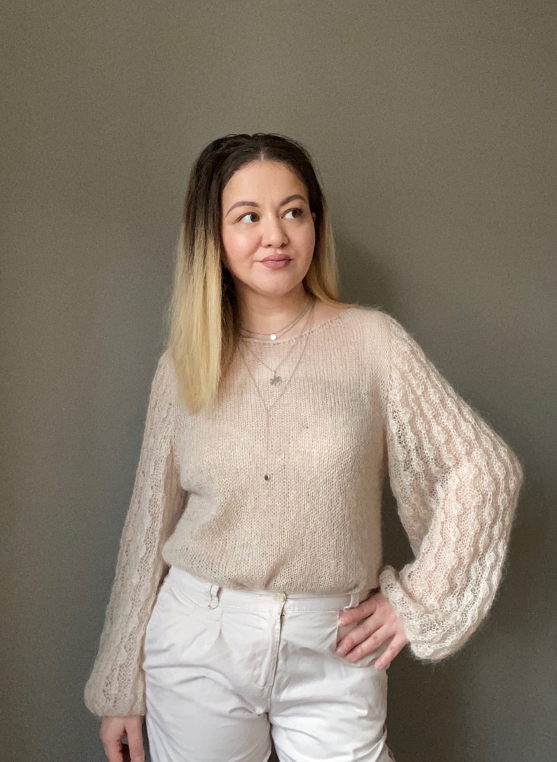 See through mohair sweater with loose sleeves for women. Hand knit mohair sweater. Lightweight baloon sleeves beige pullover sweater for Her image 1