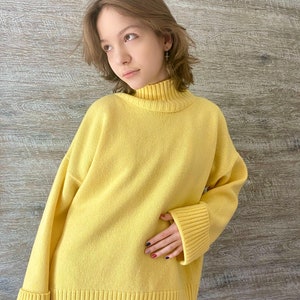 Yellow turtleneck sweater for women. Oversized nordic hygge sweater. Loose merino wool sweater. Fluffy hand knit sweater with high neck. image 2