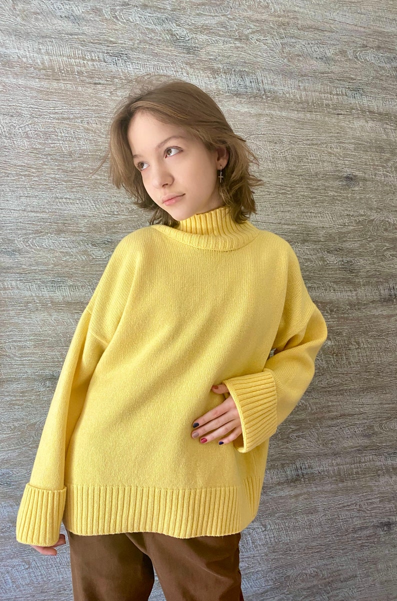 Yellow turtleneck sweater for women. Oversized nordic hygge sweater. Loose merino wool sweater. Fluffy hand knit sweater with high neck. image 2