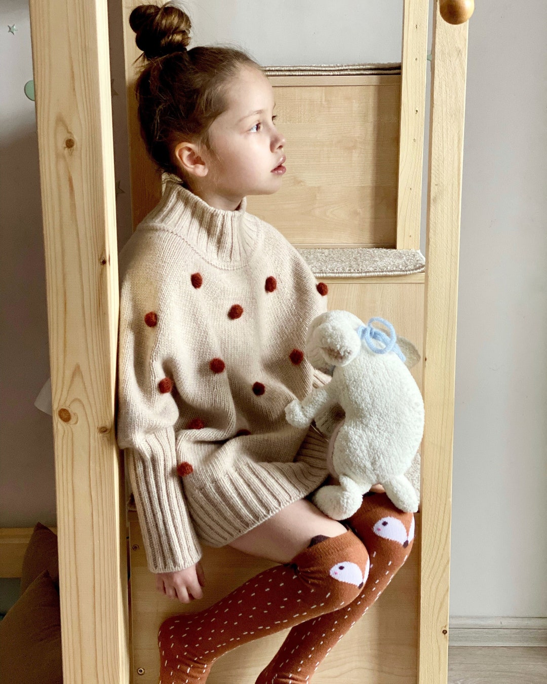 Oversized Sweater With Mohair Pompoms for Girls. Fluffy Hand