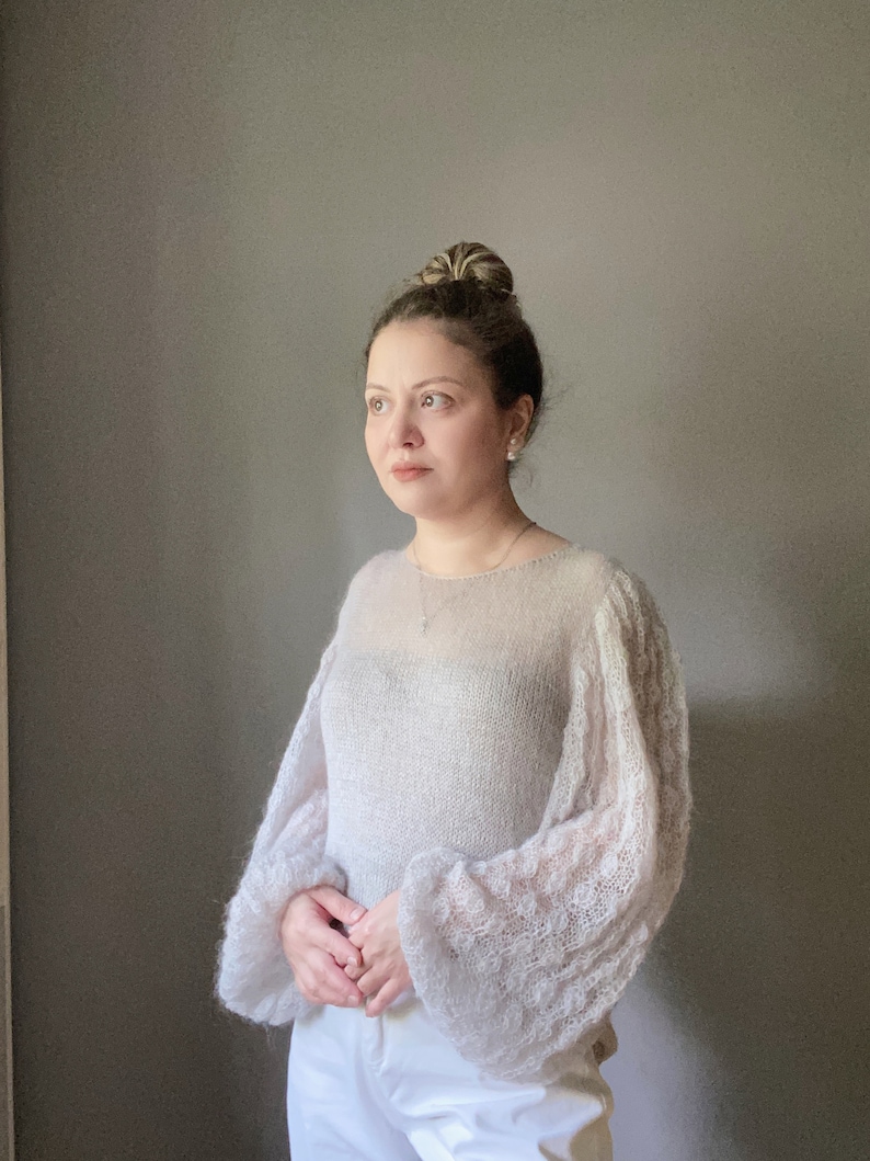 See through mohair sweater with loose baloon sleeves for women. Hand knit beige sweater for her. Floral print sleeve sweater. Custom knit. image 6