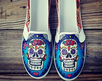Hand Painted Sugar Skull Shoes | Day of the Dead Slip-Ons