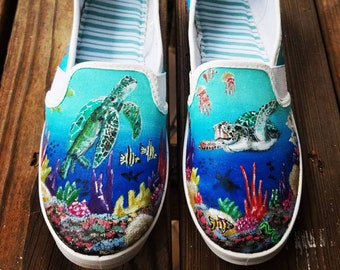 Hand Painted Sea Turtle Shoes | Custom Ocean Art Slip-Ons