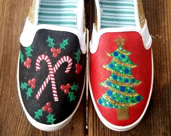 Hand Painted Christmas Slip-On Shoes, Candy Cane & Tree