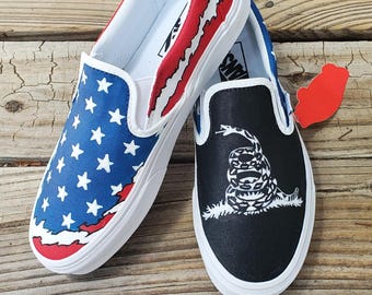 American Flag Painted Vans, Dont Tread on Me, Custom Slip-Ons