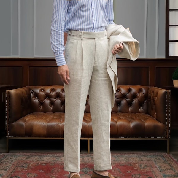 Pantalon ample en lin pour homme, Pantalon en lin respirant printemps-été, Pantalon en lin simple avec plis, Pantalon en lin gurkha taille réglable