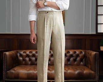 5 Colors Pure Linen Pants, Men Linen Pants with Pleats, Summer Cozy Linen Trousers, Rolled Hem Gurkha Linen Pants, Multi Sizes Pants