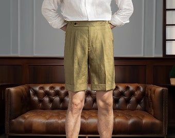 Bruidegom bruiloft Tuxedo, op maat gemaakte stalknecht geschenken, cadeaus voor hem, mannen linnen shorts met plooien, zomer linnen shorts, puur linnen Gurkha shorts