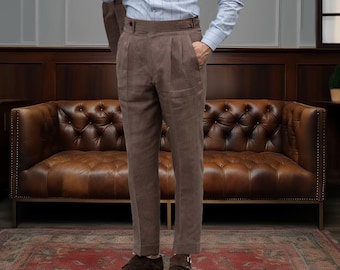 Pantalones de lino sueltos para hombre, pantalones de lino casual con pliegues, pantalones de lino transpirables, pantalones de lino Gurkha de cintura alta, pantalones 100% lino