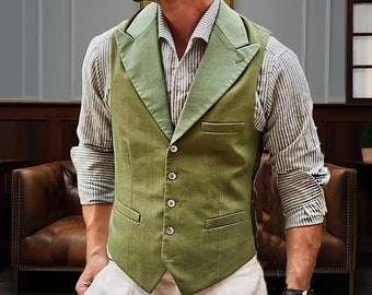 Vintage Green Linen Vest, Men Casual Cotton Linen Vest, Summer Cozy Collar Linen Waistcoat, Slim Fit Cotton Linen Vest with Pockets