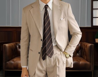 Collar Cotton Suit 2 Piece Sets, Vintage Button Cotton Suit, Men Casual Cotton Suit, Groomsmen Tuxedo Suits, Wedding Dress Suit