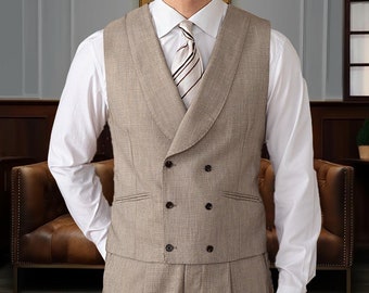 Groom Tuxedo Waistcoat, Wedding Best Man Dress Vest, Vintage Double Buttoned Linen Vest, Banquet Luxury Collar Linen Waistcoat