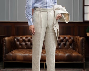 Pantaloni di lino larghi da uomo, pantaloni di lino traspiranti primavera estate, pantaloni di lino semplici con pieghe, pantaloni di lino Gurkha con vita regolabile