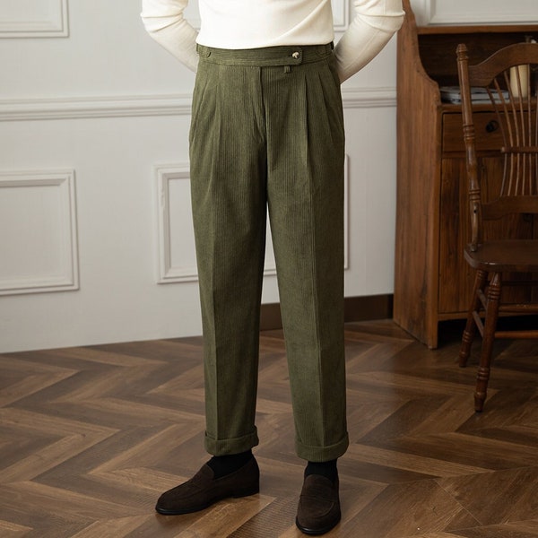 Men Classical Corduroy Pants, Autumn Corduroy Pants with Pleats, Casual Corduroy Wide Leg Pants, Soft Gurkha Corduroy Trousers