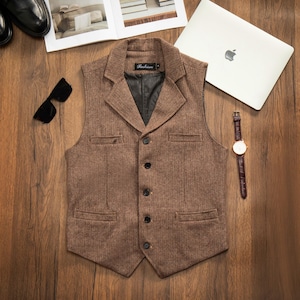 Classic British Wool Vest, Men Casual Woolen Waistcoat, Spring Autumn Woolen Tweed Vest, Collar Woolen Waistcoat with Multiple Pockets