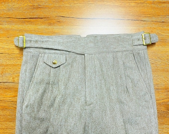 Simple High Waist Tweed Pants, Men Casual Tweed Pants with Pleats, Vintage Buttoned Tweed Pants, Adjustable Waist Gurkha Tweed Pants