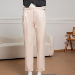 Schlichte Beige Leinenhose mit Falten, Herren Lässige Leinenhose, hoch taillierte Gurkha-Hose mit Rollsaum, Sommer Atmungsaktive Leinenhose