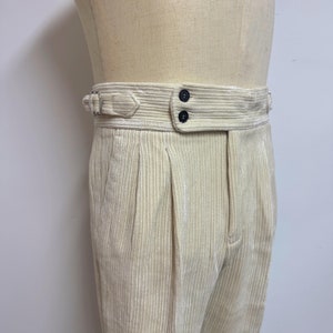 Fall Winter Double Breasted Corduroy Pants, Men Corduroy Pants With Pleats, Casual High Waisted Gurkha Pants, Straight Rolled Corduroy Pants