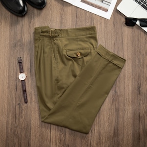 Pantalon en coton délavé vintage, Pantalon en coton respirant printemps-été, Pantalon en coton pour homme avec plis, Pantalon Army Gurkha à ourlet roulé