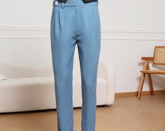 Men High Waisted Pants with Pleats, Fall Simple Cotton Linen Pants, Classic Rolled Gurkha Pants, Business Suit Pants, Banquet Suit Trousers