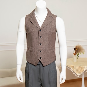 Men Vintage Woolen Vest, Classic Textured Wool Waistcoat, Spring Autumn Standing Collar Wool Tweed Vest, Multi Pockets Woolen Waistcoat