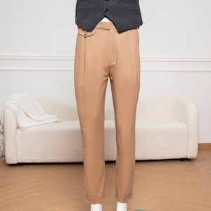 Pantalon homme en coton doux avec plis, Pantalon en coton délavé printemps-automne, Pantalon gurkha avec poches sur le devant, Pantalon en coton ample à ourlet roulotté