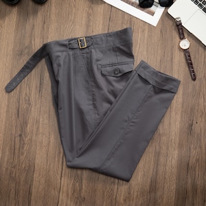 Gray Casual Washed Cotton Pants, Spring Summer Cotton Trousers with Pleats, Men Plus Size Gurkha Pants, Rolled Cotton Trousers with Pockets