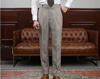 Classic Linen Pants with Pleats, Business Men  Linen Pants, Casual Linen Trousers, High Waisted Gurkha Linen Pants, Groom Dress Linen Pants